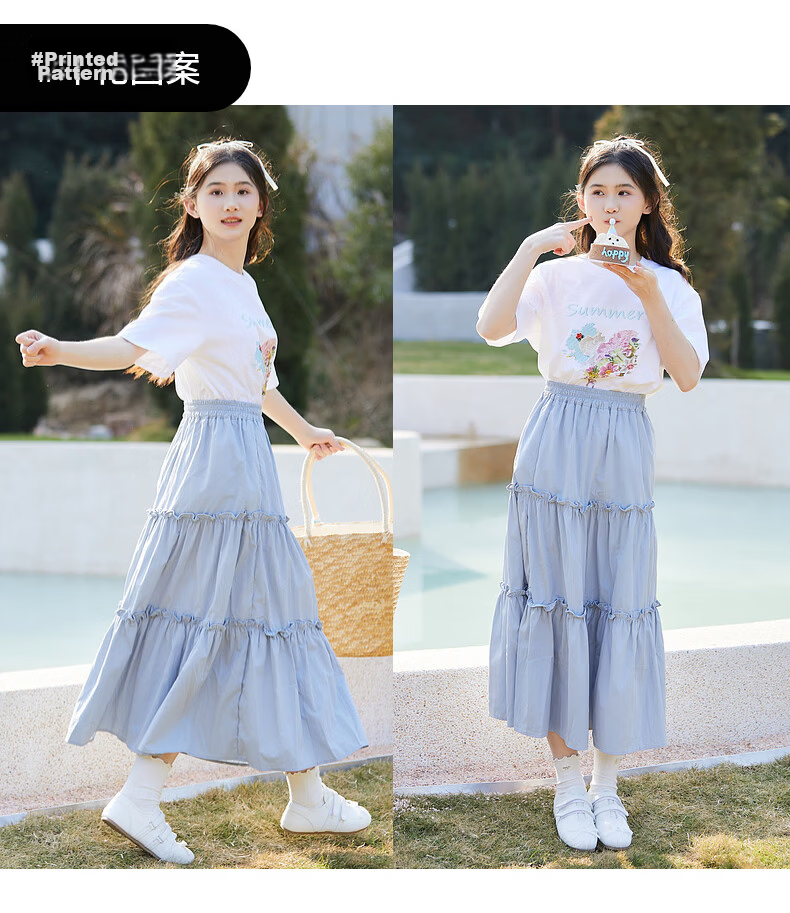 Fulomi Girls' Summer New Fashion Casual Short Sleeve and Skirt Two-Piece Set White/Blue 150cm 12