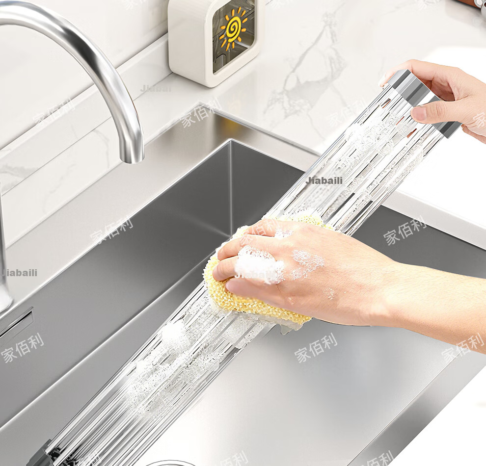 Jiabaili Kitchen Sink Draining Rack Stainless Steel Foldable Roll-up Dish Drying Basket 13
