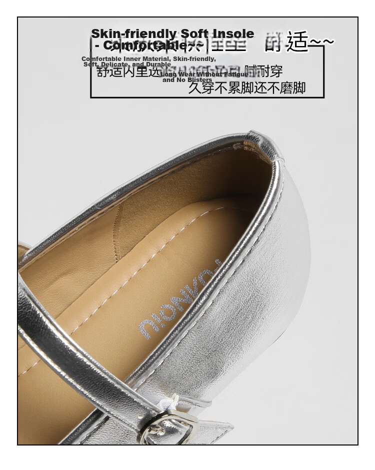 HUANQIU Silver French Style Ballet Mary Jane Flats for Women Summer Breathable Height Increasing Soft Sole Dress Shoes 6