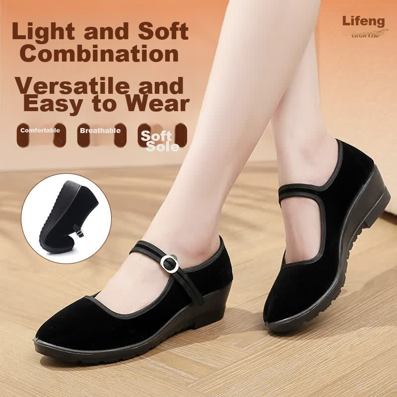 Lifeng Old Beijing Cloth Shoes Women Shallow Mouth Mom Shoes Casual Comfortable Soft Sole Breathable Dance Work Black Cloth Shoes Black 37
