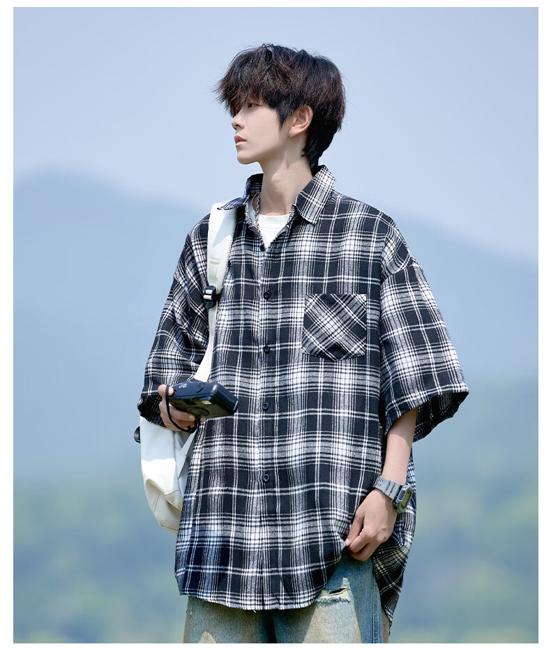 CLOR Men's Plaid Long Sleeve Shirt Spring Autumn Ins Loose Casual Retro Jacket CLCX10 Black 2XL 12