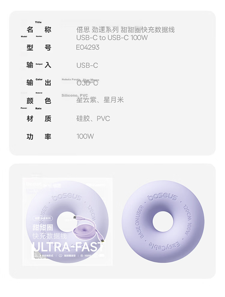 BASEUS [Donut Storage] Dual Type-C Apple 18 Charging Cable, PD100W Super Fast Charging Data Cable, Suitable for Huawei, Honor, IPhone 17/16/15 Phones And Laptops 19