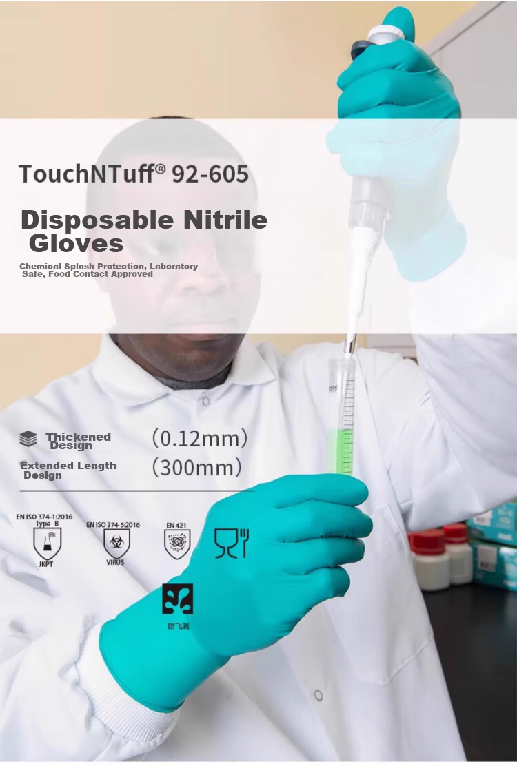 Ansell Disposable Nitrile Gloves Chemical Resistant Oil Resistant Acid and Alkali Resistant Laboratory Extended Thickened Anti-Slip Wear-Resistant Gloves 92-605 (100 pcs/box) L 1