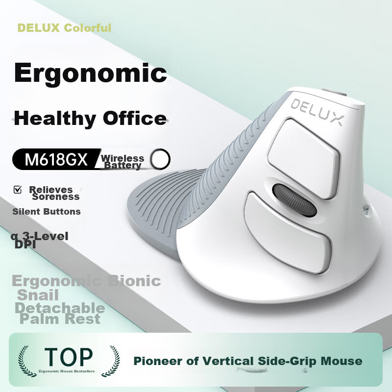 Delux M618GX Ergonomic Vertical Mouse Wireless Office Mouse Portable Detachable Palm Rest White