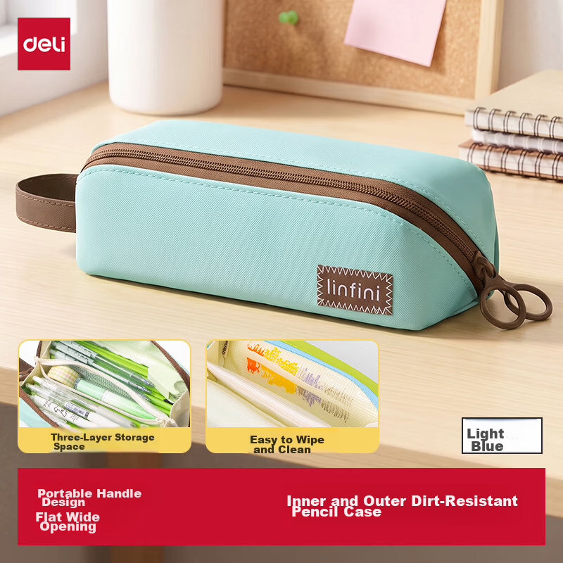 Deli Inner and Outer Dirt-Resistant Student Pencil Case Fashionable High-Value Simple Large-Capacity Small Square Stationery Storage Bag Portable Handheld Pencil Box Pink Gift for Boys and Girls