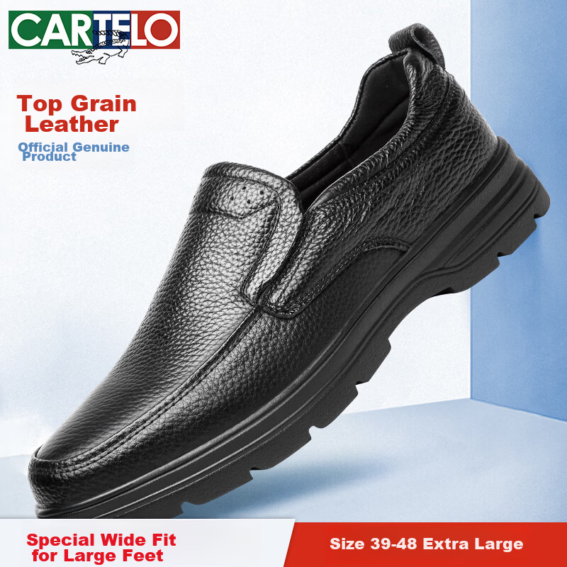 CARTELO First Layer Cowhide Men's Breathable Casual Leather Slip-On Shoes Genuine Leather Dad Shoes KX05 Black Size 45