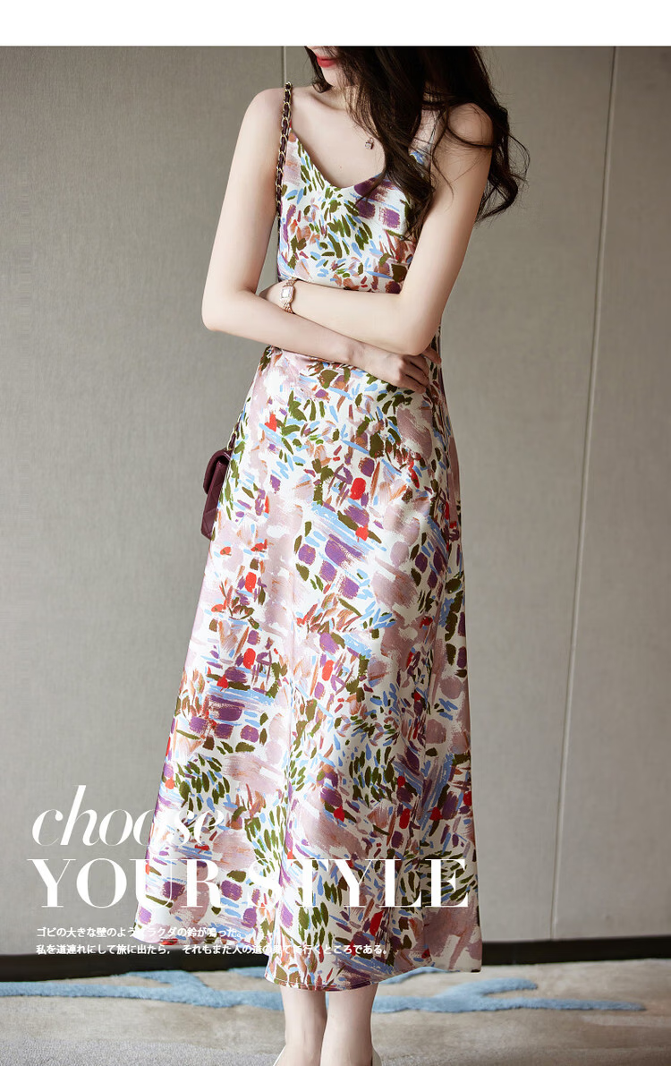 Dme Sleeveless Printed Dress Summer V-Neck Slim Fit A-Line Long Dress for Women 2