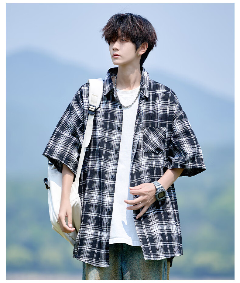 CLOR Men's Plaid Long Sleeve Shirt Spring Autumn Ins Loose Casual Retro Jacket CLCX10 Black 2XL 11