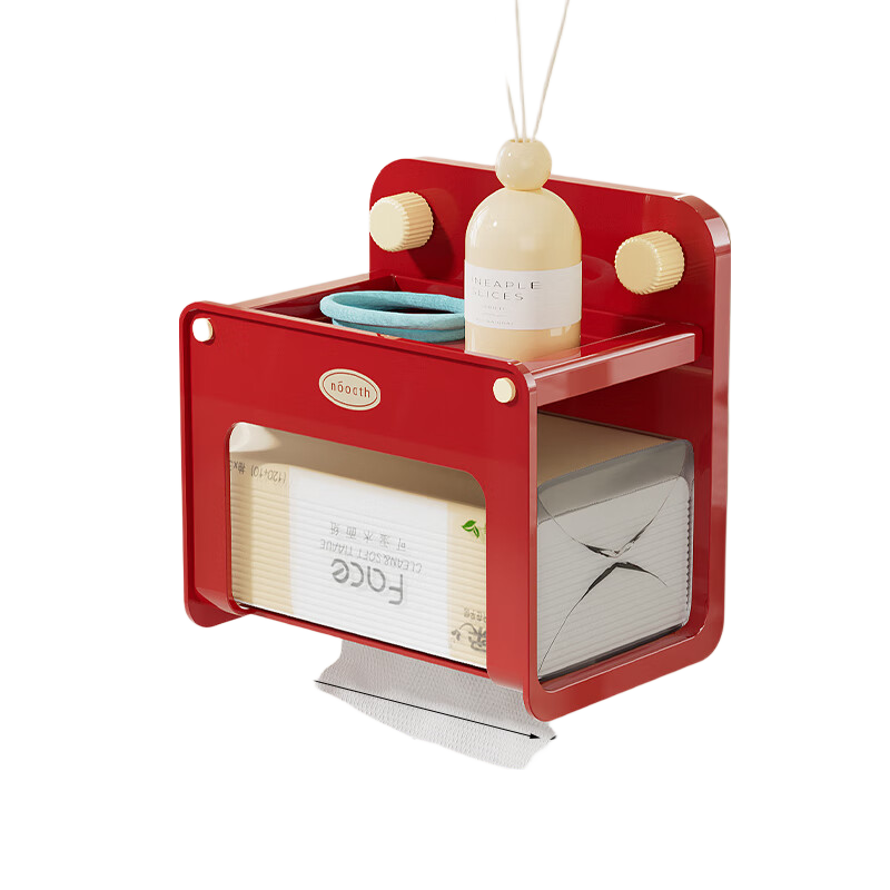 Noshi Bathroom Tissue Box No-Drill Suction Cup Wall-Mounted Toilet Paper Holder Red