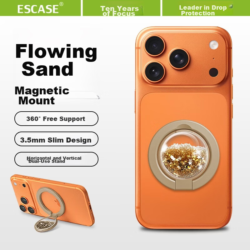 ESCASE Sand Flow Magnetic Phone Holder Ring 360° Rotation Magsafe Detachable Compact Portable Desktop Compatible with Apple 17 Pro Max Starlight Gold M07
