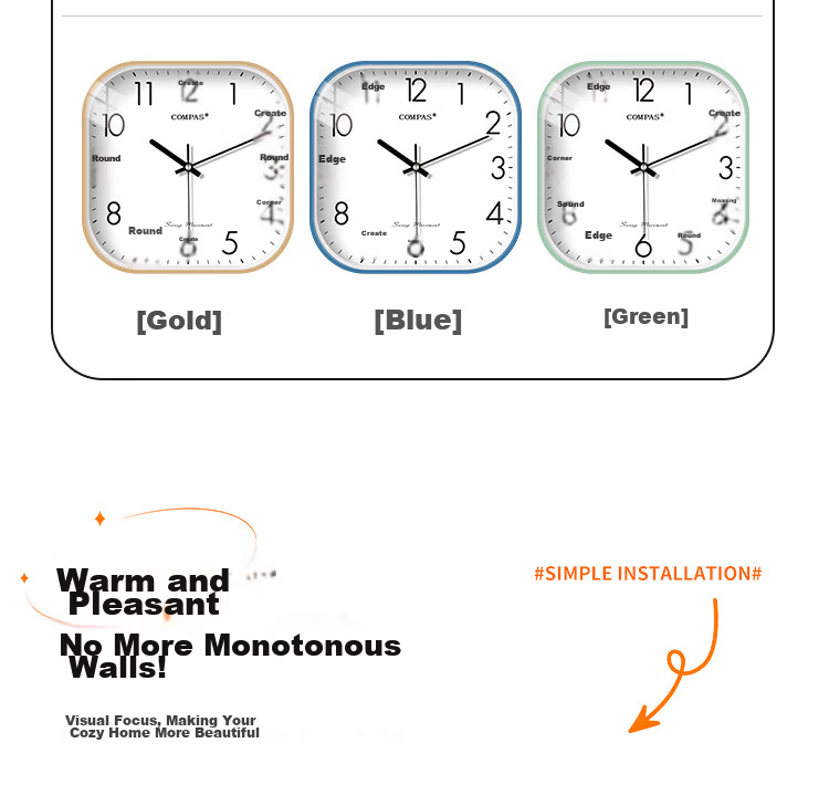 Compas Silent Modern Minimalist Square Quartz Wall Clock for Living Room Bedroom 28cm Gold 1557 13