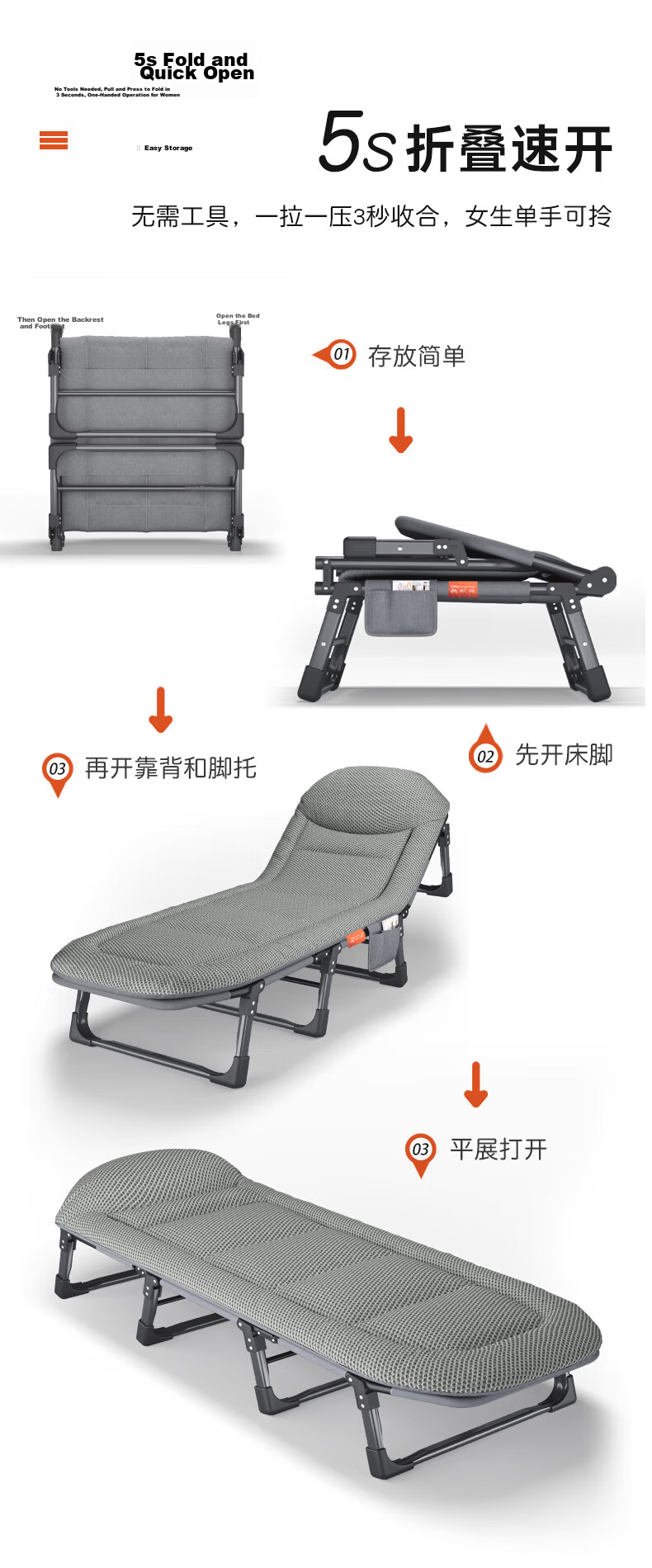 Aokai Fu Folding Bed Recliner American Style Single Nap Bed Hospital Care Bed Outdoor Military Bed Breathable 4D 8