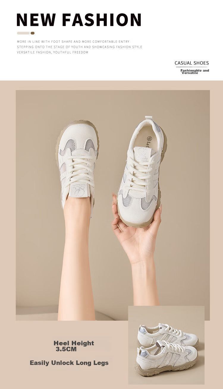 La Chapelle Women's Mesh Sneakers Casual Versatile Soft Sole White Shoes Silver Color Size 36 2