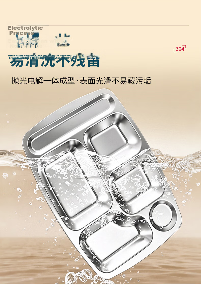 Lanzhe 304 Stainless Steel School Cafeteria Multi-Compartment Lunch Tray Student Bento Box Five Compartments 5