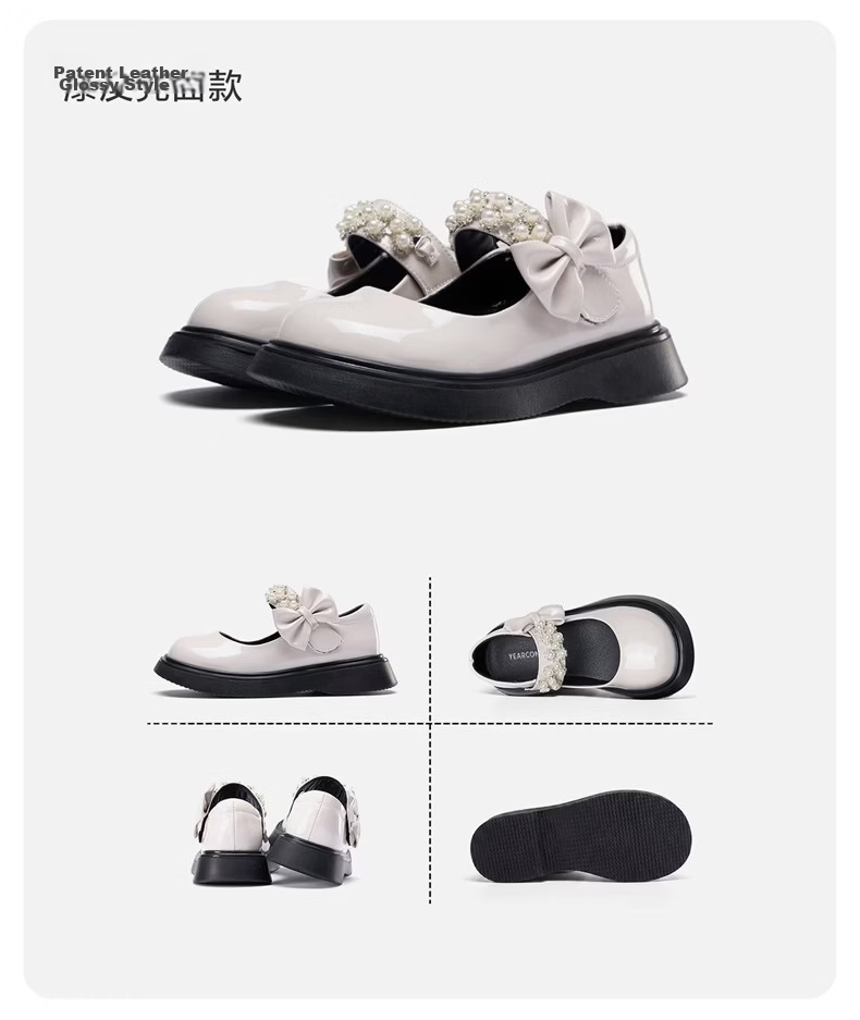 Eierkang Girls Black Leather Classic Pearl Bow Princess Shoes Student Performance Soft Sole Flats Black Size 32 20