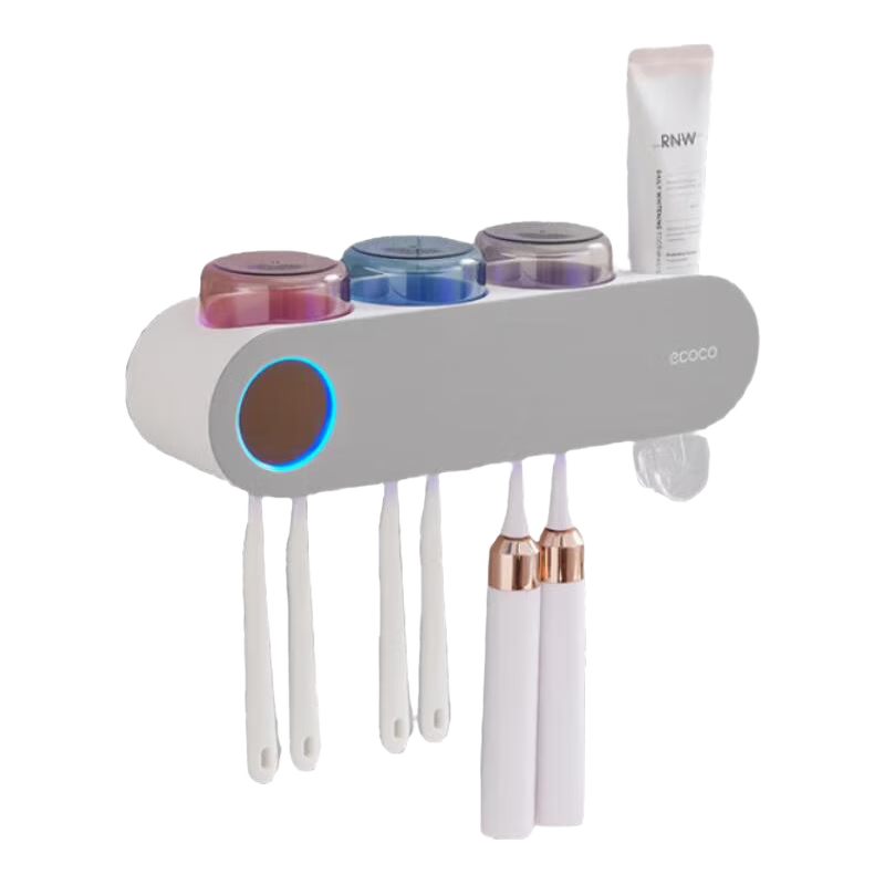 Ecoco Toothbrush Sterilizer Rack, Wall-Mounted Electric Toothbrush, Smart UV Sterilization, Mouthwash Cup with Spout, Toothpaste Dispenser, Gray