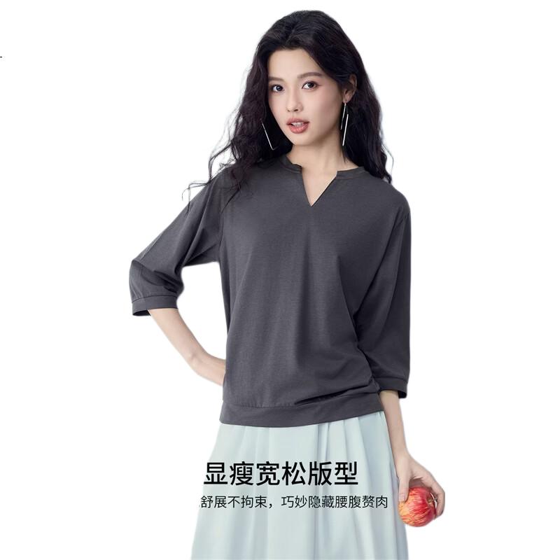 Giordano Women's T-Shirt 2026 Summer New Black Technology Cooling Loose V-Neck Three-Quarter Sleeve Top 05326384