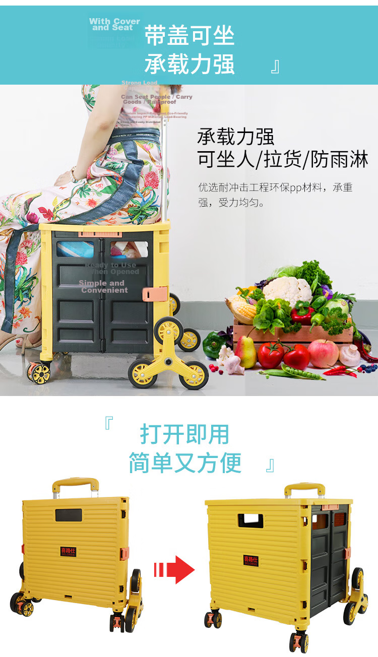SELORSS Foldable Hand Cart Elderly Shopping Cart Small Trolley Shopping Cart Pull Cart Push Cart Large Wheel Yellow BY06-F 16