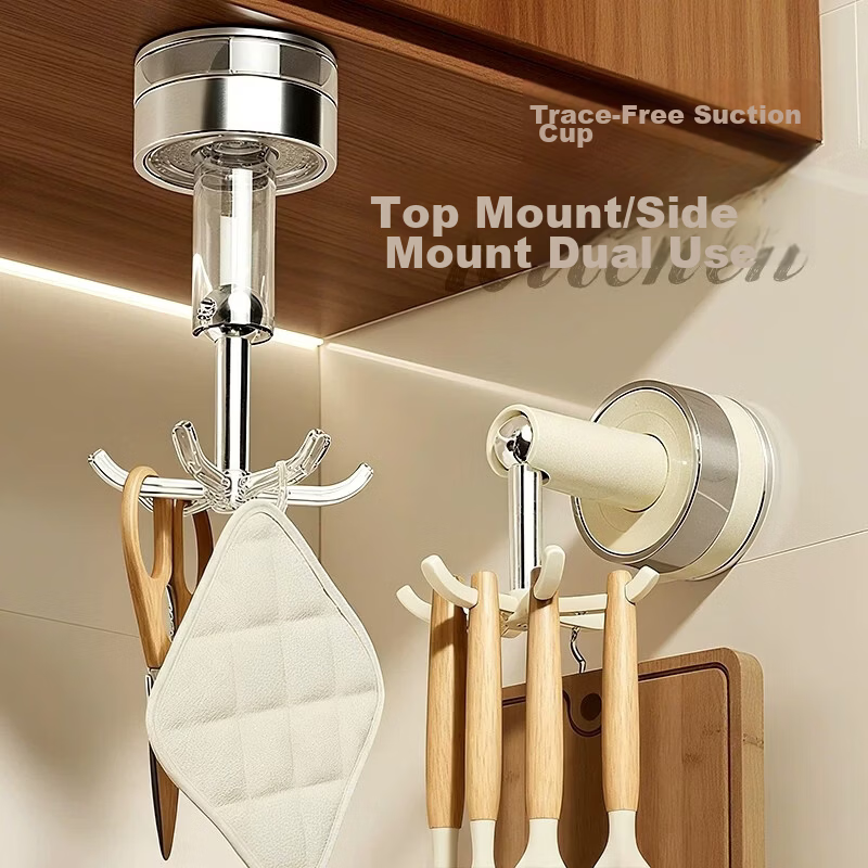 MUYA Kitchen Rotating Suction Cup Hook No-Drill Storage Rack Pot Spatula Spoon Holder Utensil Organizer Rack