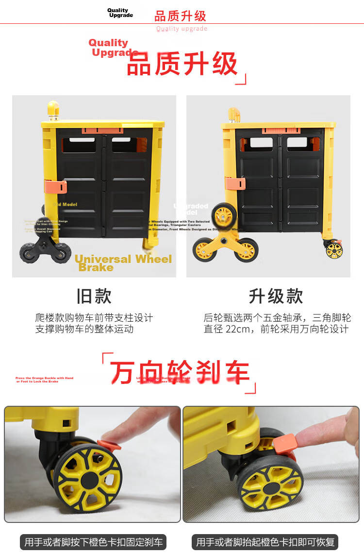 SELORSS Foldable Hand Cart Elderly Shopping Cart Small Trolley Shopping Cart Pull Cart Push Cart Large Wheel Yellow BY06-F 5