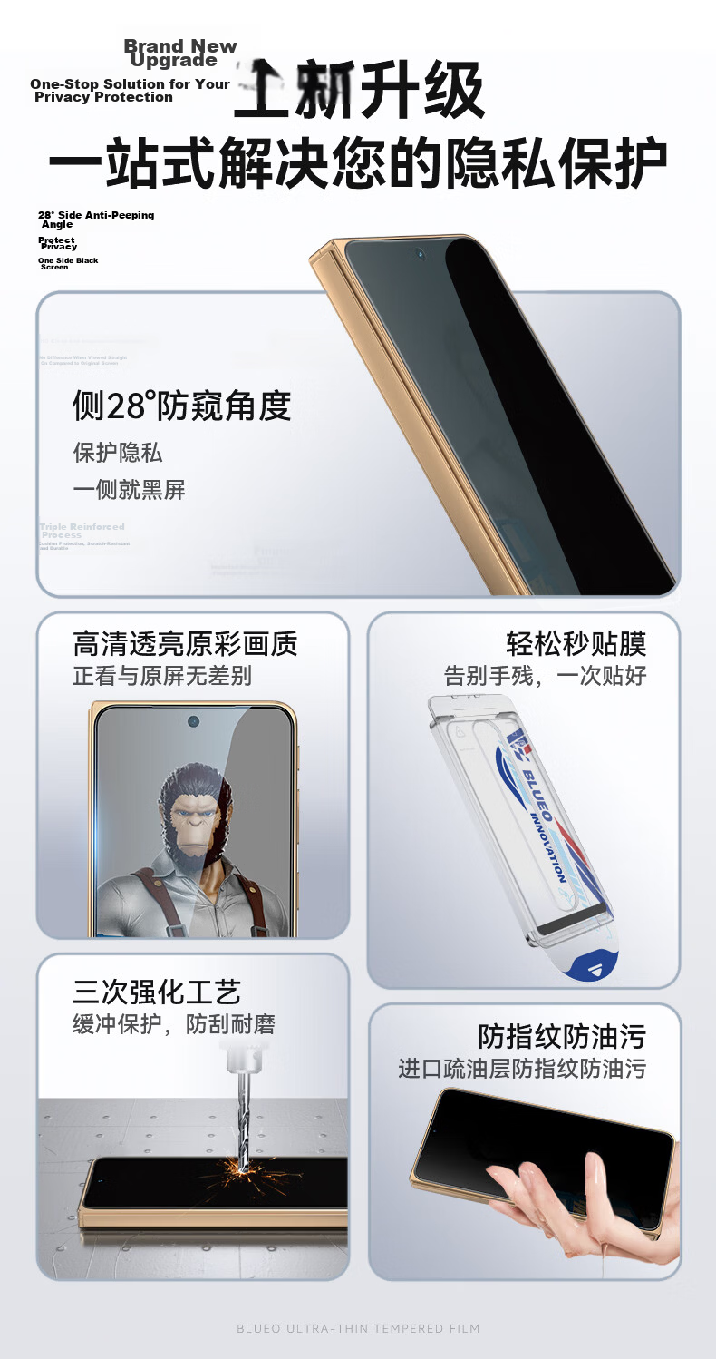 BLUEO [28° Privacy Protection + New Space Capsule | Front Frame Version] Tempered Glass Screen Protector for OPPO FindN6, Anti-Fingerprint Dust-Free Quick Installation Protective Film 4