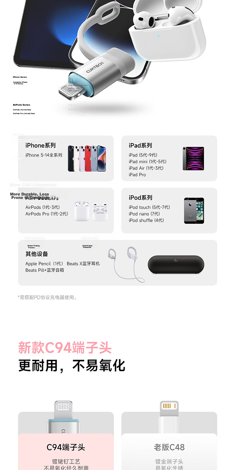 CUKTECH Coolstate CP Apple MFi Certified Adapter 3A Fast Charging Type-C to Lightning Converter Charging Data Transfer Android Apple Adapter Pink 4