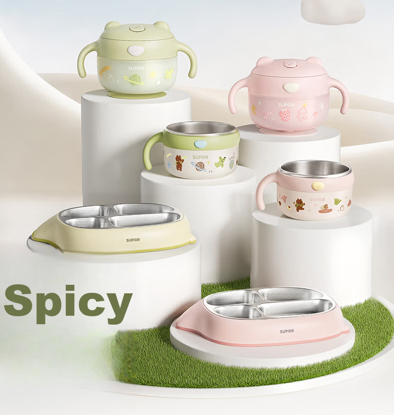 SUPOR Children's Divided Insulated Baby Food Bowl Stainless Steel Removable Lunch Box - Cucumber Green 31