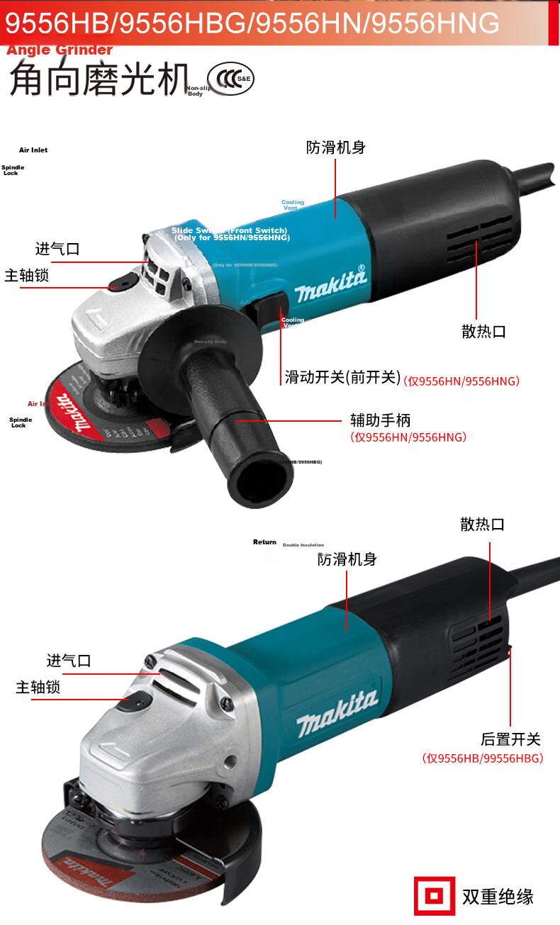 MAKITA 9556HNG Multi-Function Angle Grinder Polisher Cutting Machine Hand Grinder Reinforced Gearbox 5