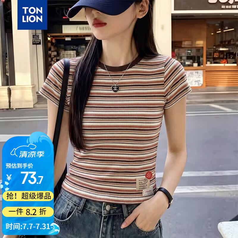 TonLion 2026 Summer Women's Striped Slim Fit Short Sleeve T-Shirt, Stylish and Comfortable, Age-Reducing Basic Tee