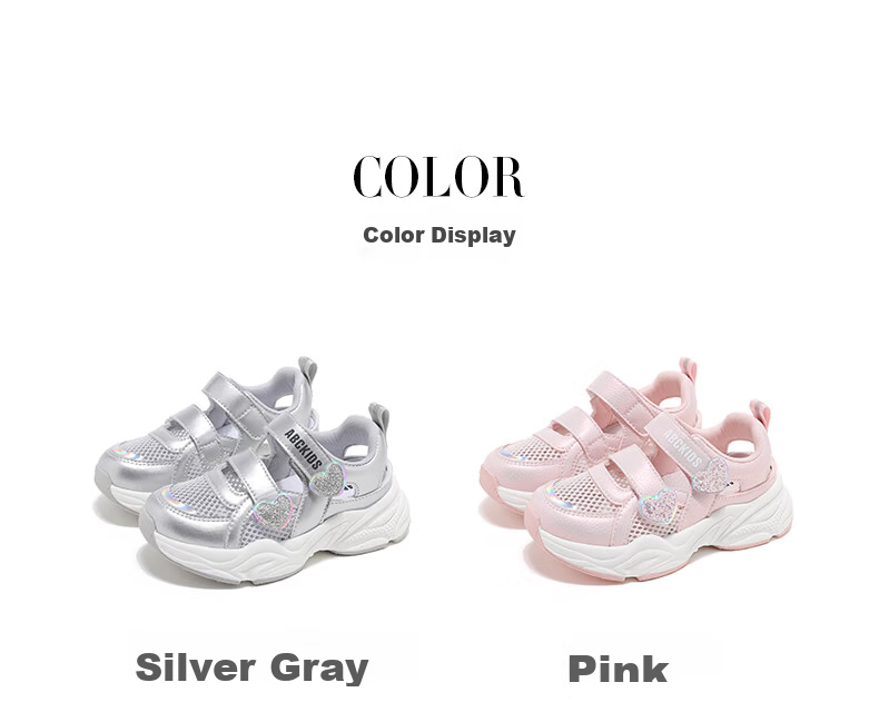 ABC KIDS Summer Girls' Simple Versatile Sports Casual Shoes Breathable Hollow Mesh Sandals Silver/Grey Size 32 7