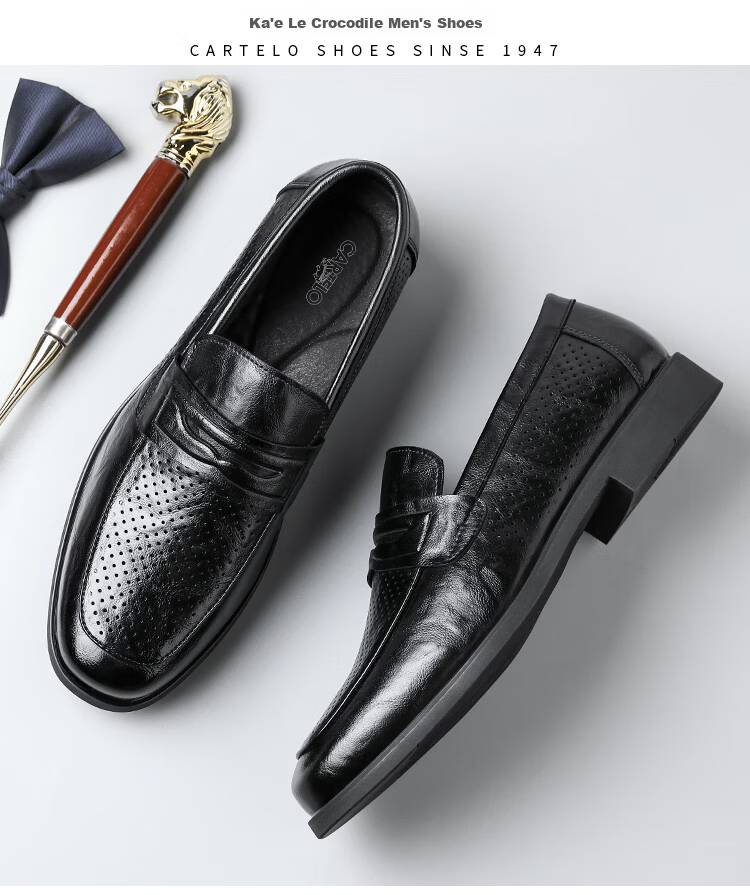 CARTELO Men's Leather Shoes, Soft Sole Slip-On Business Casual Loafers, Breathable Slip-On Leather Shoes for Men, 9906 Black, Size 42 19