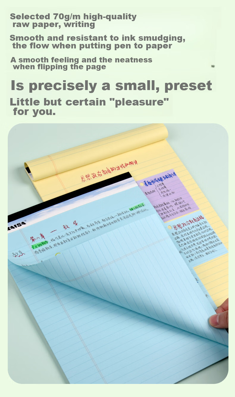 KAISA Yellow Flip-Top American Style A4 50-Sheet Sectioned Perforated Notebook Thin Draft Notebook College Student Exam Vocabulary Notebook 2-Pack 4
