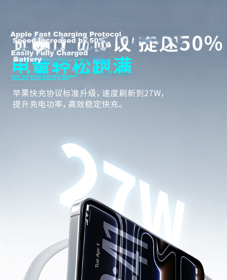 Hisense Apple Charging Cable Type-C to Lightning PD 27W Fast Charging Cable for iPhone 14/13 Pro Max/12/11 Mobile Car Use 1.2m 6