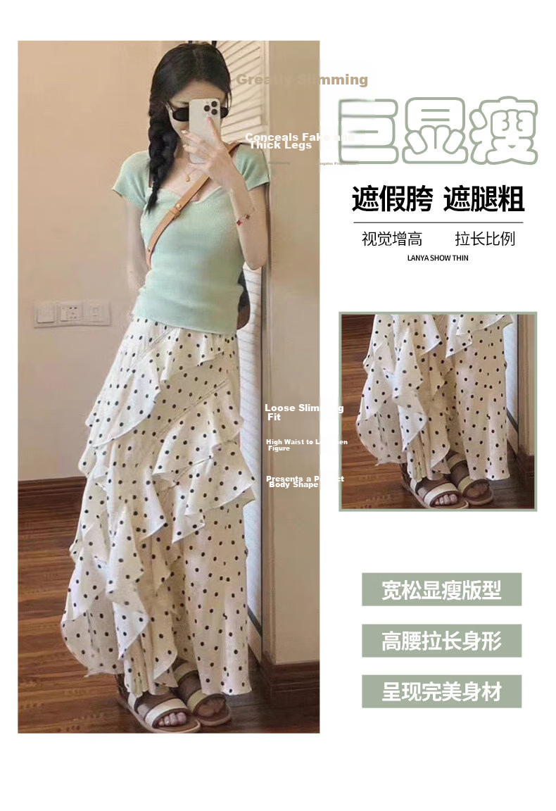 Langsha Polka Dot Women's Skirt 2026 New Ruffle Hem High Waist Slim A-Line White Irregular Skirt 4