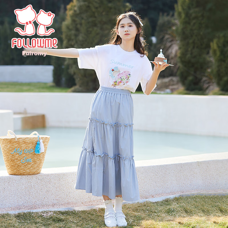 Fulomi Girls' Summer New Fashion Casual Short Sleeve and Skirt Two-Piece Set White/Blue 150cm