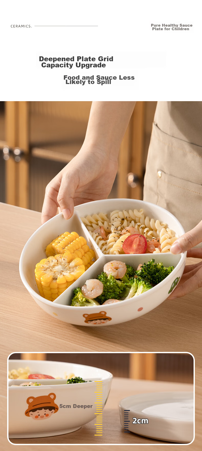 Newair Cute Three-Compartment Ceramic Baby Food Steamer Plate for Rice Cooker Round Stir-Fry Bowl Divider 3