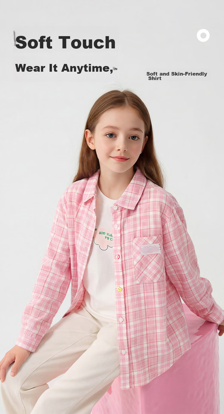 Balabala【balaOne】Kids Long Sleeve Shirt Girls 2026 Spring Plaid Fashion 2