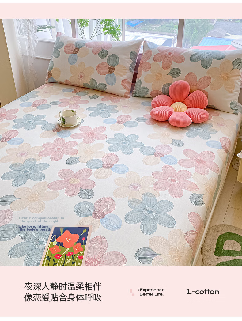 Hongdou 100% Cotton Full Coverage Fitted Sheet Mattress Protector Pure Cotton Bed Cover 1.8*2.0m Detailed Pattern 4