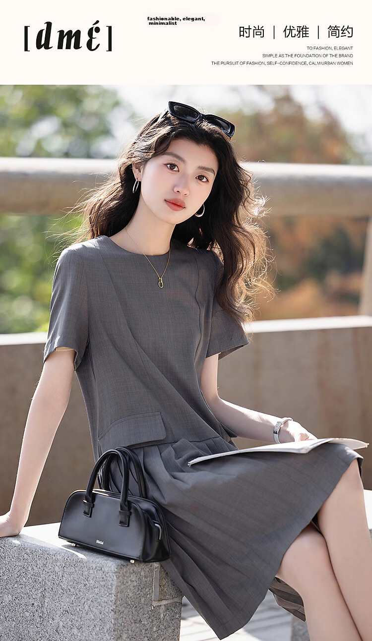 Demana [Private Style] Summer Round Neck Loose Waist Bag Cover Decorative Back Center Hidden Zipper A-Line Pleated Women's Dress 1