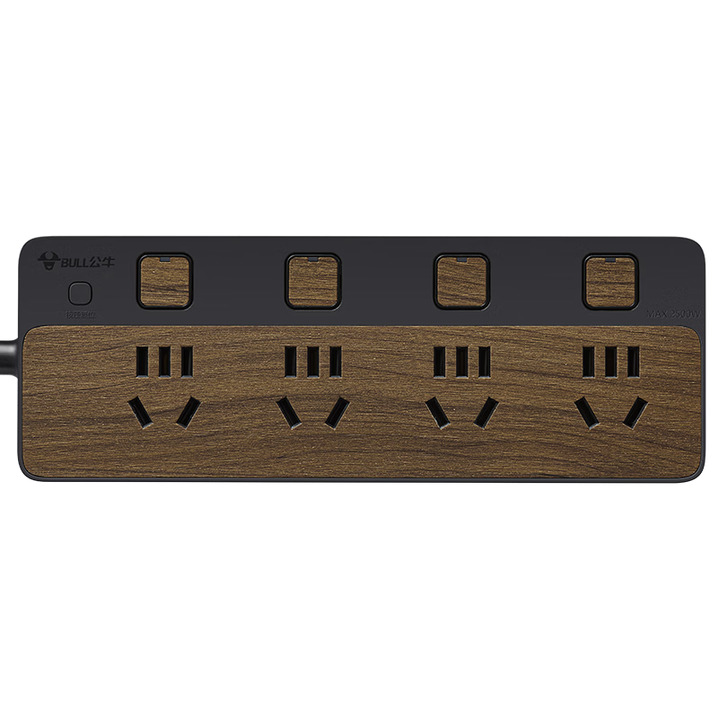 BULL Socket/power Strip/outlet Strip/power Bar/extension Cord, 8 Outlets with Individual Switches, 1.8 Meters, Black Wood Grain, GN-R1443