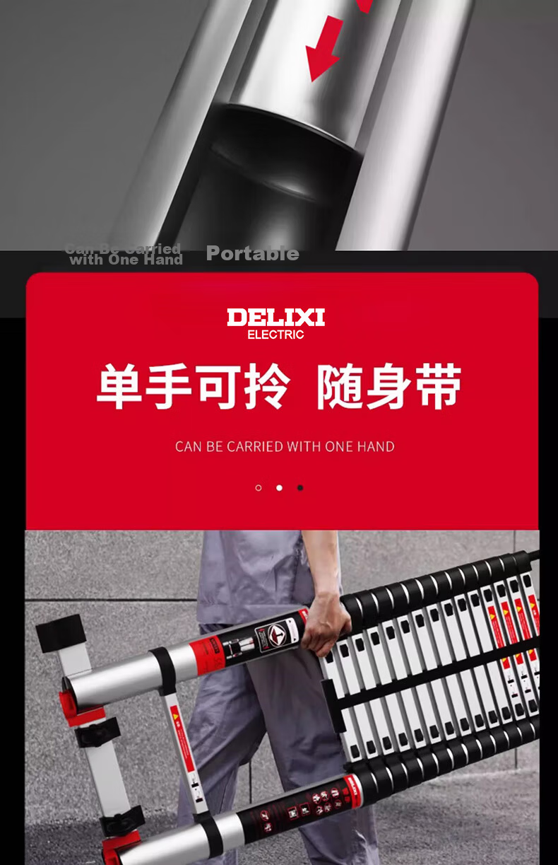 DELIXI Telescopic Aluminum Alloy Thickened Engineering Ladder Portable Multifunctional Single-Sided Straight Ladder with Hook 2.7m 23