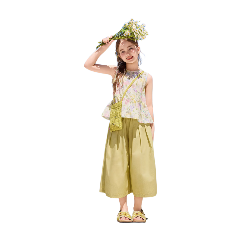 ASK JUNIOR 2026 Summer Kids Sleeveless Floral Top and Lantern Pants Set for Girls