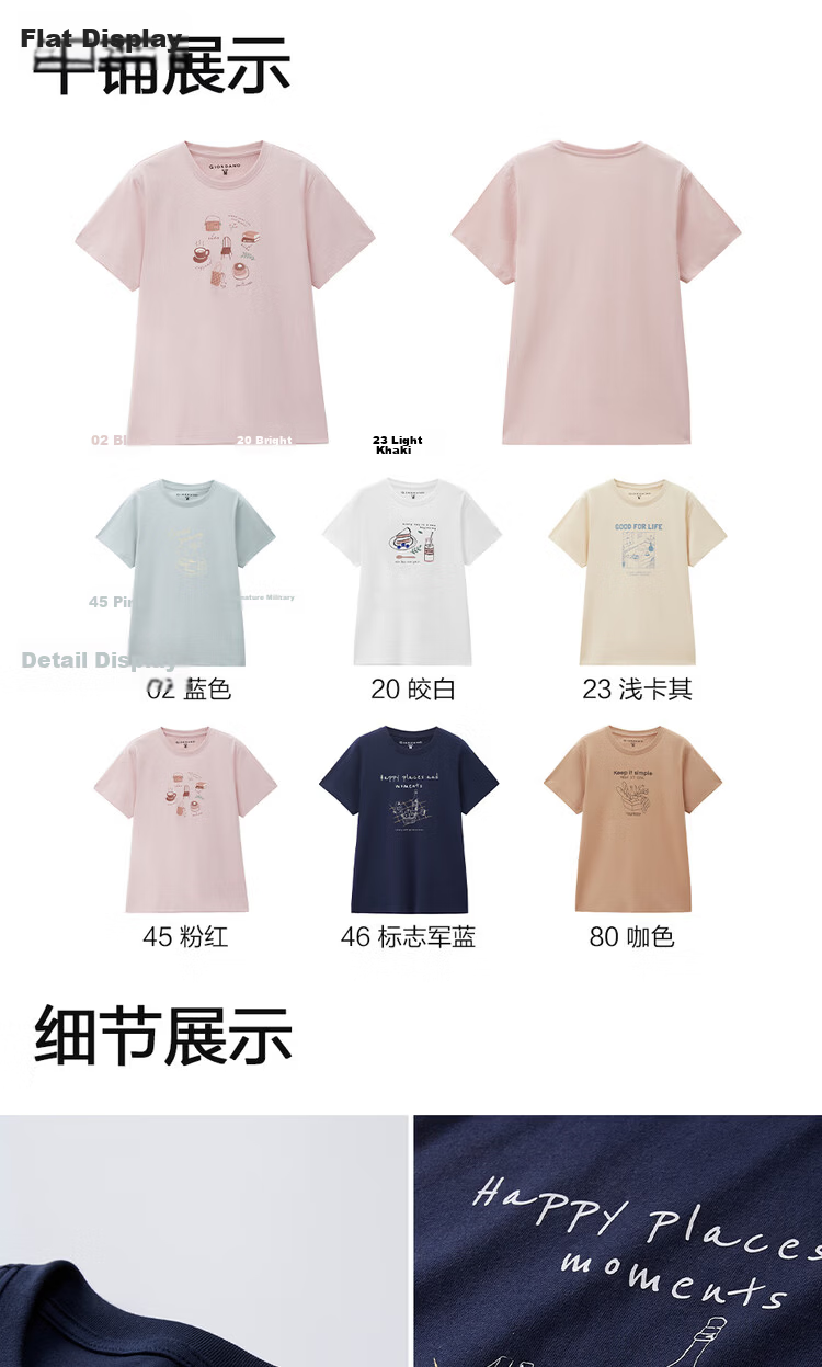 Giordano Women's Short Sleeve T-Shirt New Pure Cotton Afternoon Tea Theme Printed Crew Neck Top 13396304 19