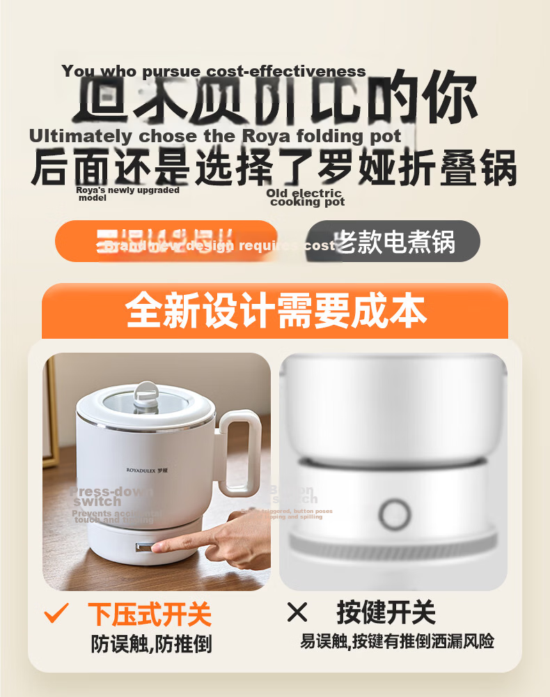ROYALTY LINE Portable Electric Cooking Pot Foldable 304 Stainless Steel Travel Pot 1.2L Dormitory Split Multifunctional Small Electric Cooker for 1-2 People White with Steaming Rack 1