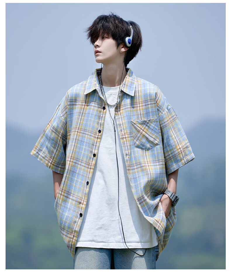 CLOR Men's Plaid Long Sleeve Shirt Spring Autumn Ins Loose Casual Retro Jacket CLCX10 Black 2XL 6