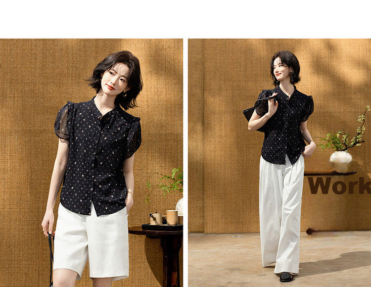 Demana Elegant Urban Summer Fresh Print Stand Collar Lace Sleeve Loose Lightweight Slim Shirt for Women Premium Quality 11
