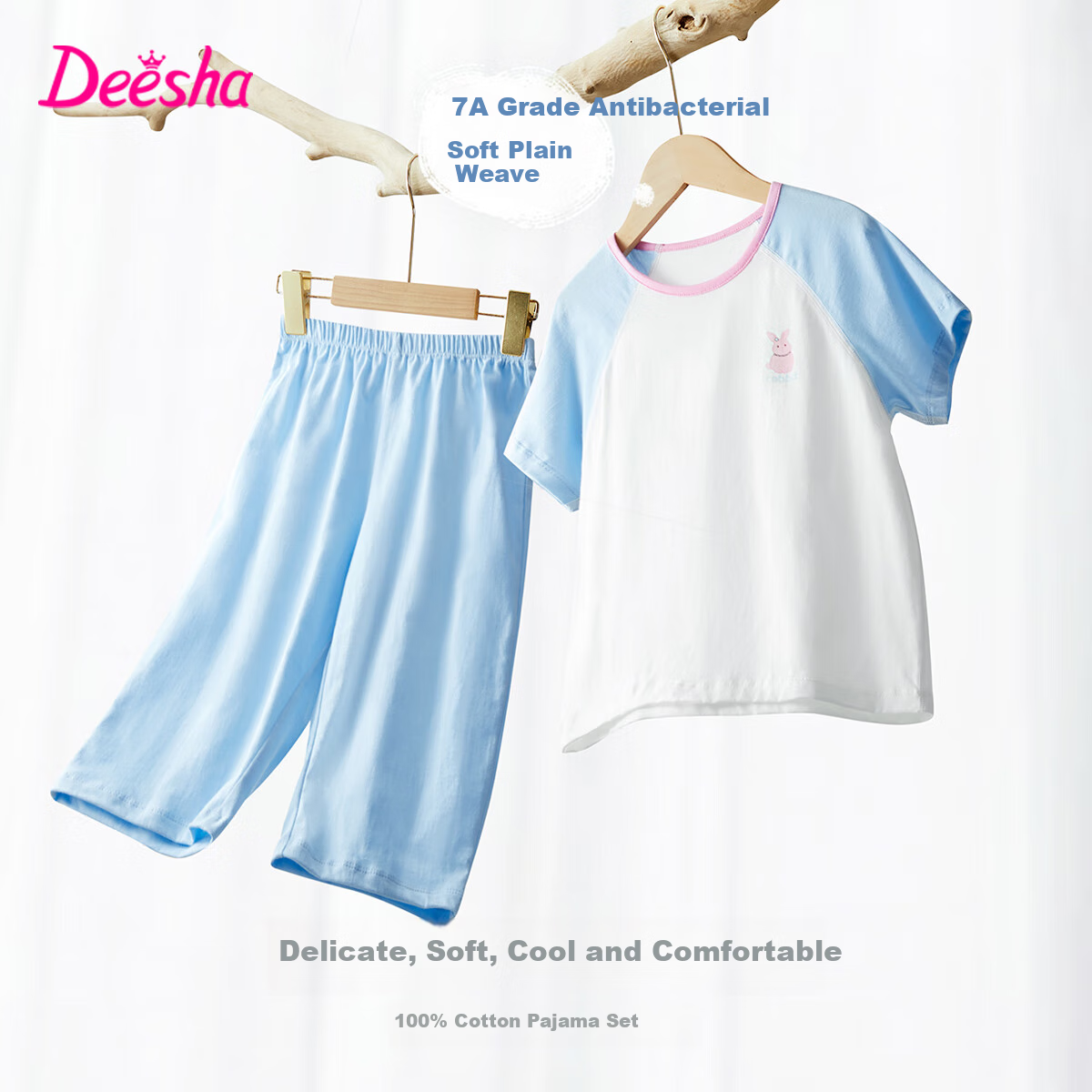DEESHA [7A Antibacterial Cotton] Girls' Spring And Summer Short-Sleeve Capri Pants Pajama Set, Baby Two-Piece Sleepwear, Light Blue