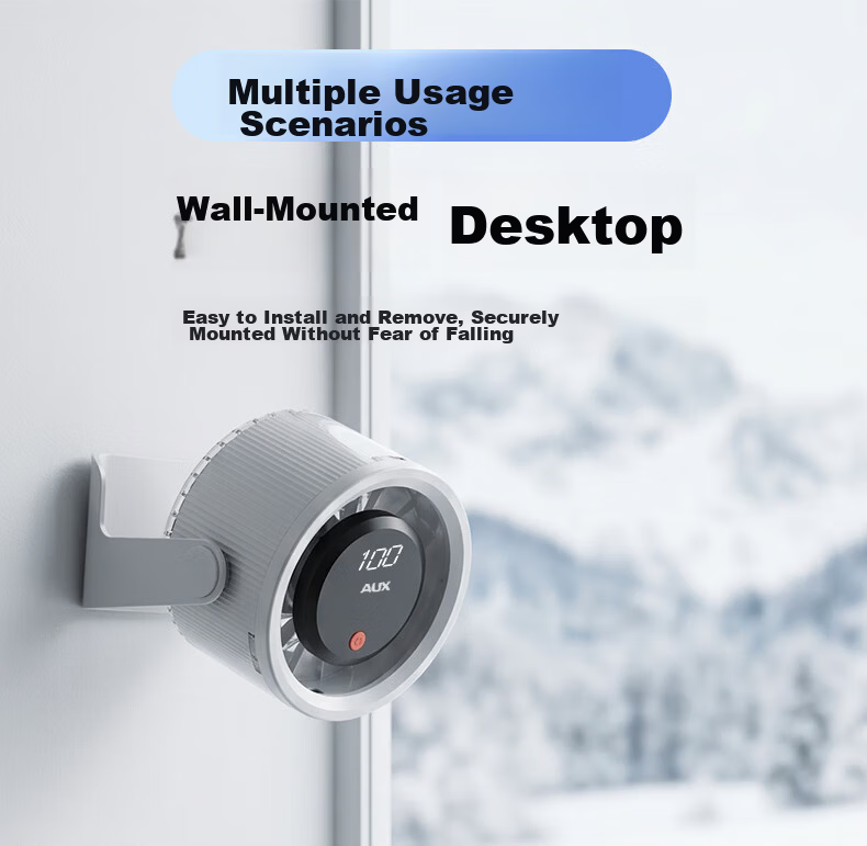 AUX New Desktop Fan Small Rechargeable Wall-Mounted Portable High-Power Dormitory Fan Digital Display Office Long Battery Life Mini Fan 15