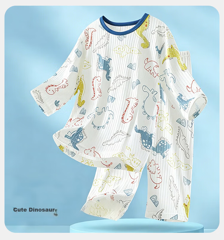 Bingxue Cotton Children's Pajamas Boys and Girls Ice Silk Summer Thin Seven-Sleeve Cooling Mid-Long Pants Air Conditioning Two-Piece Set 14