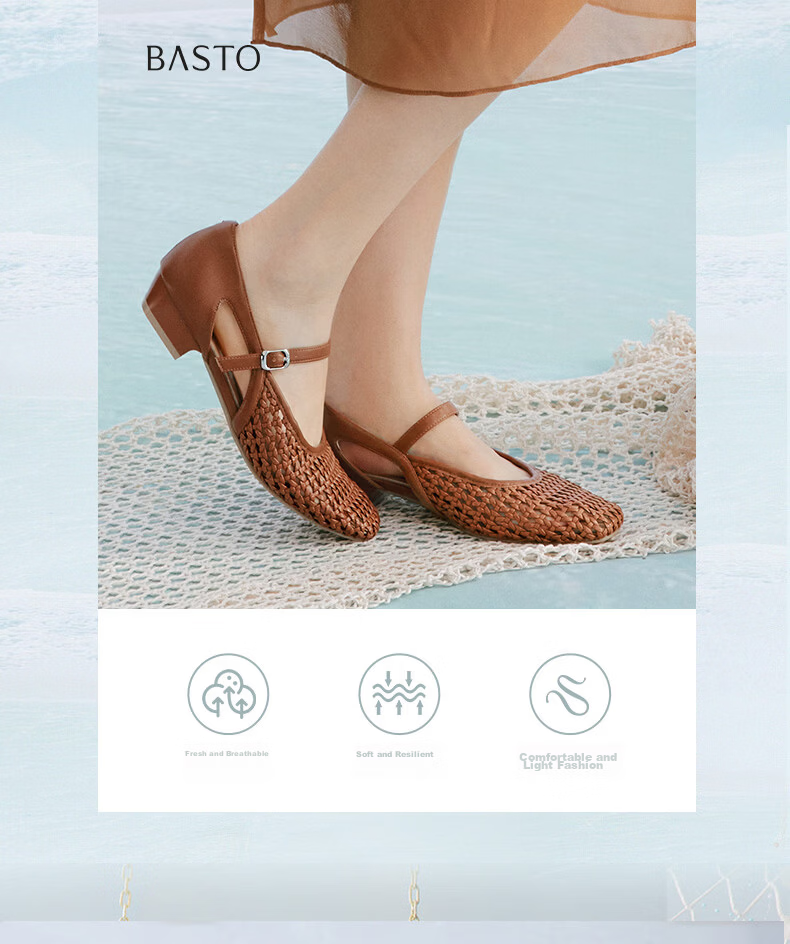 BASTO French Style Woven Hollow Breathable Ballet Mary Jane Sandals Women's Flats F5091BQ6 4